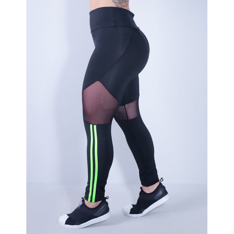Calça Fitness Preta com Tule e Listras Verde Neon | Ref: 4.4.4340-0132