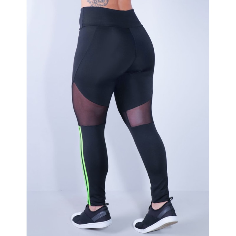 Calça Fitness Preta com Tule e Listras Verde Neon | Ref: 4.4.4340-0132