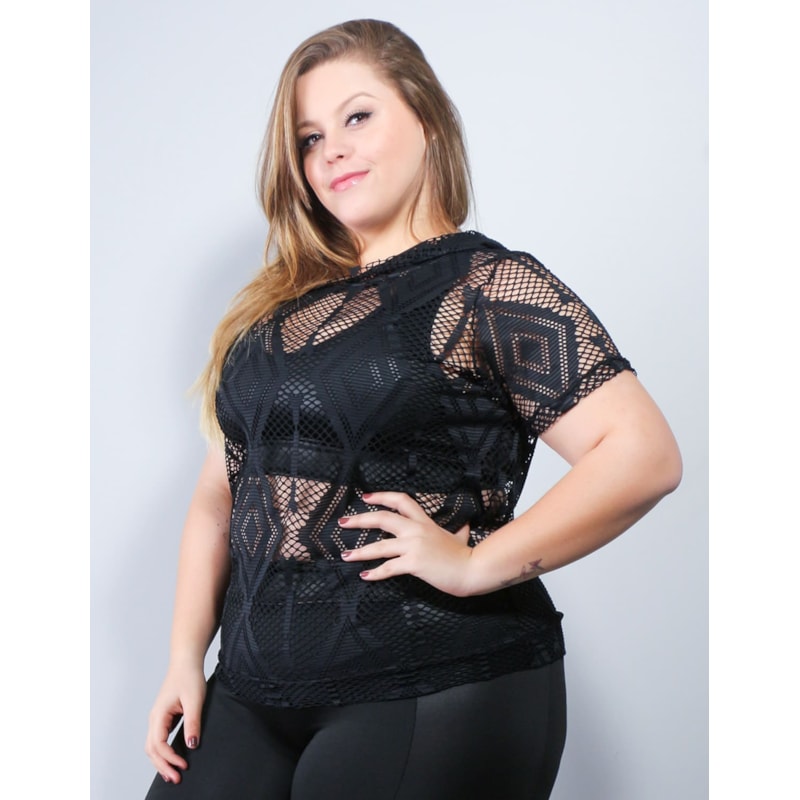Blusa Preta Plus Size em Tela | Ref: 4.4.4419-01