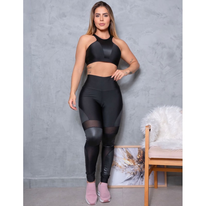 Calça Punho Fitness Preta com Recortes em Tela e Cirrê | Ref: 3.3.2607-01