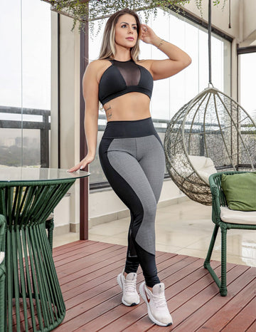 Conjunto Fitness com Cropped + Calça Legging com Recortes em Jacquard | Ref: 8.8.0220-3234