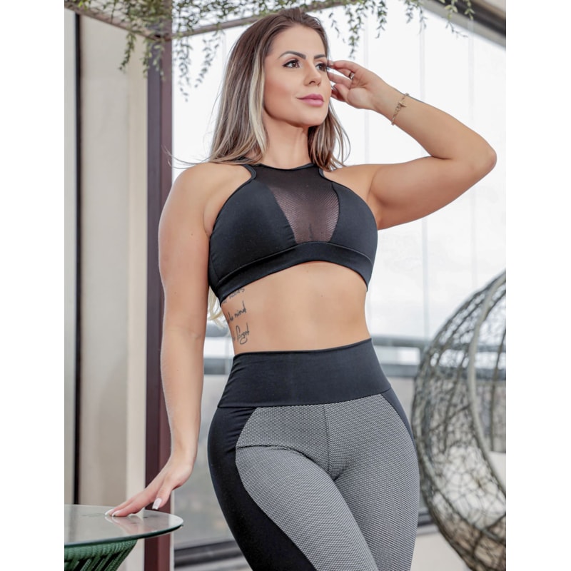 Conjunto Fitness com Cropped + Calça Legging com Recortes em Jacquard | Ref: 8.8.0220-3234