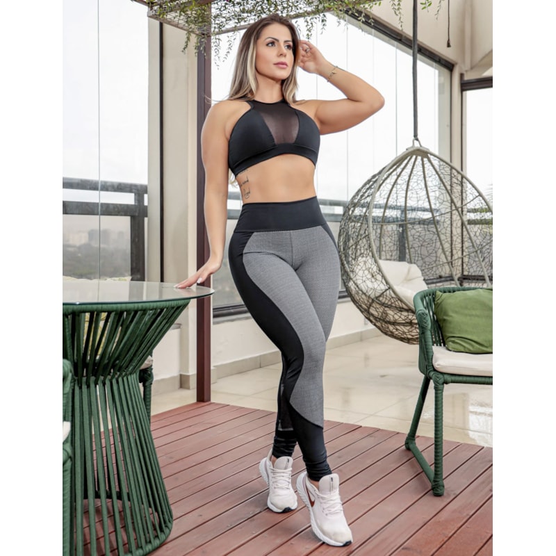 Conjunto Fitness com Cropped + Calça Legging com Recortes em Jacquard | Ref: 8.8.0220-3234