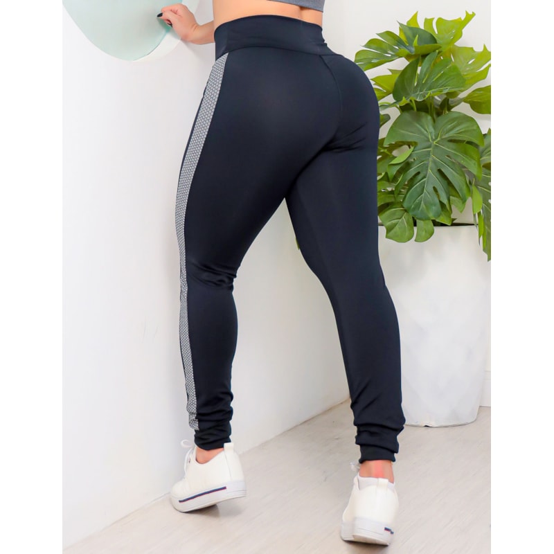 Calça Preta Punho Cintura Alta com Recortes nas Laterais em Tecido Jacquard | Ref: 4.4.4423-3248