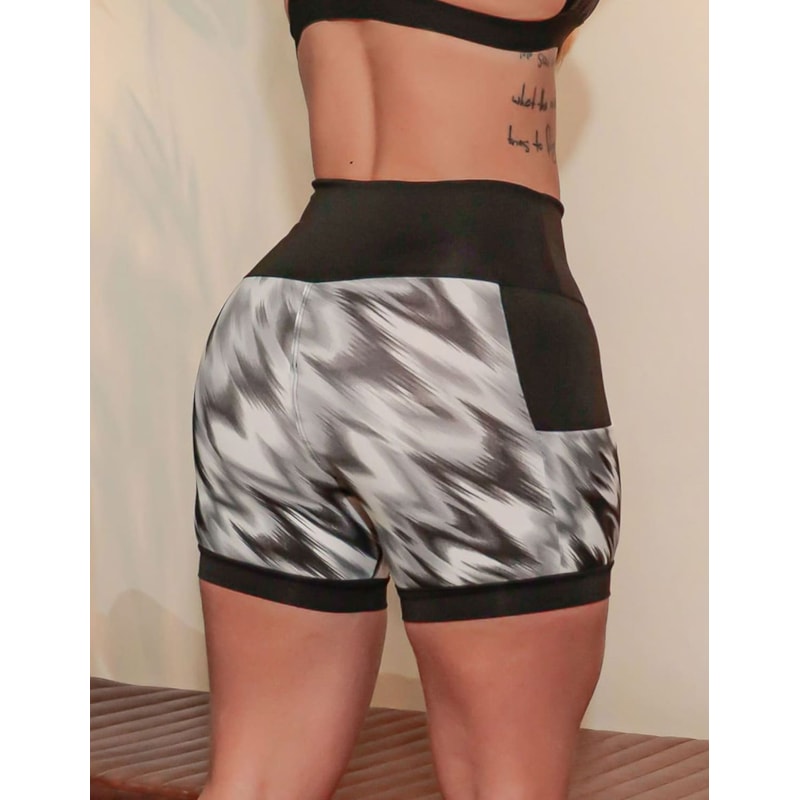 Shortinho Feminino Academia Fitness Estampado Cós Alto e Bolsos