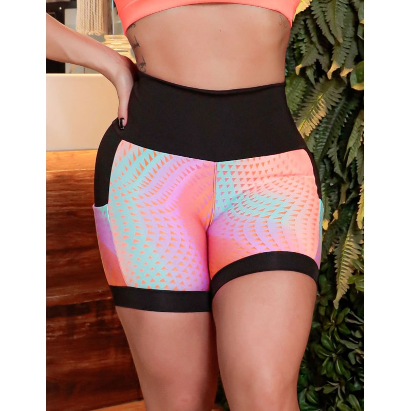 Shortinho Feminino Academia Fitness Estampado Cós Alto e Bolsos