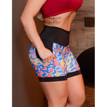 Shortinho Feminino Academia Fitness Estampado Cós Alto e Bolsos