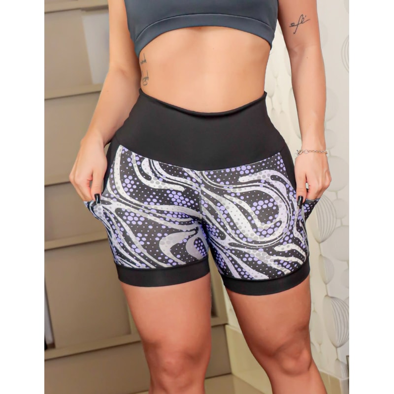 Shortinho Feminino Academia Fitness Estampado Cós Alto e Bolsos