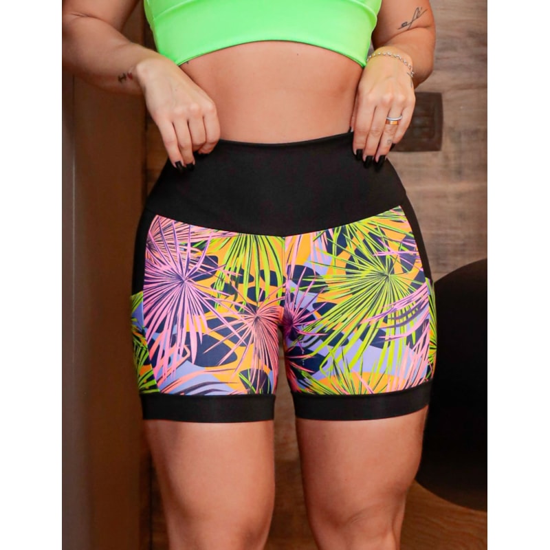 Shortinho Feminino Academia Fitness Estampado Cós Alto e Bolsos