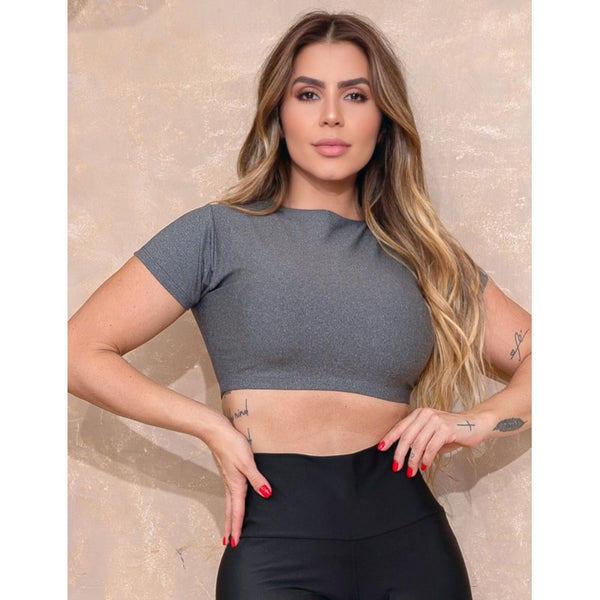 Cropped Esportivo Feminino de Academia Com Manguinhas