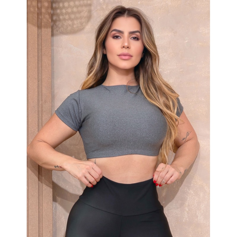Cropped Esportivo Feminino de Academia Com Manguinhas