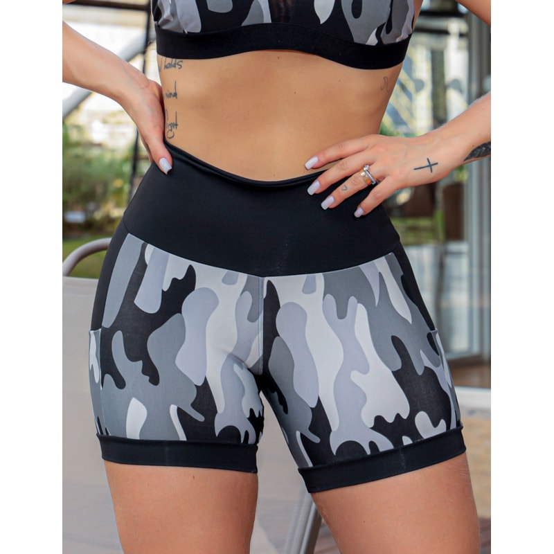 Shortinho Feminino Academia Fitness Estampado Cós Alto e Bolsos