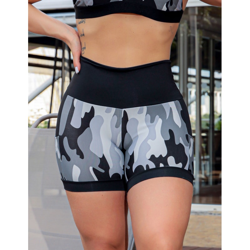 Shortinho Feminino Academia Fitness Estampado Cós Alto e Bolsos