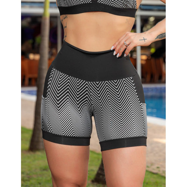Shortinho Feminino Academia Fitness Estampado Cós Alto e Bolsos