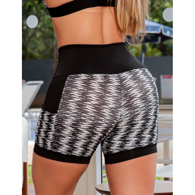 Shortinho Feminino Academia Fitness Estampado Cós Alto e Bolsos