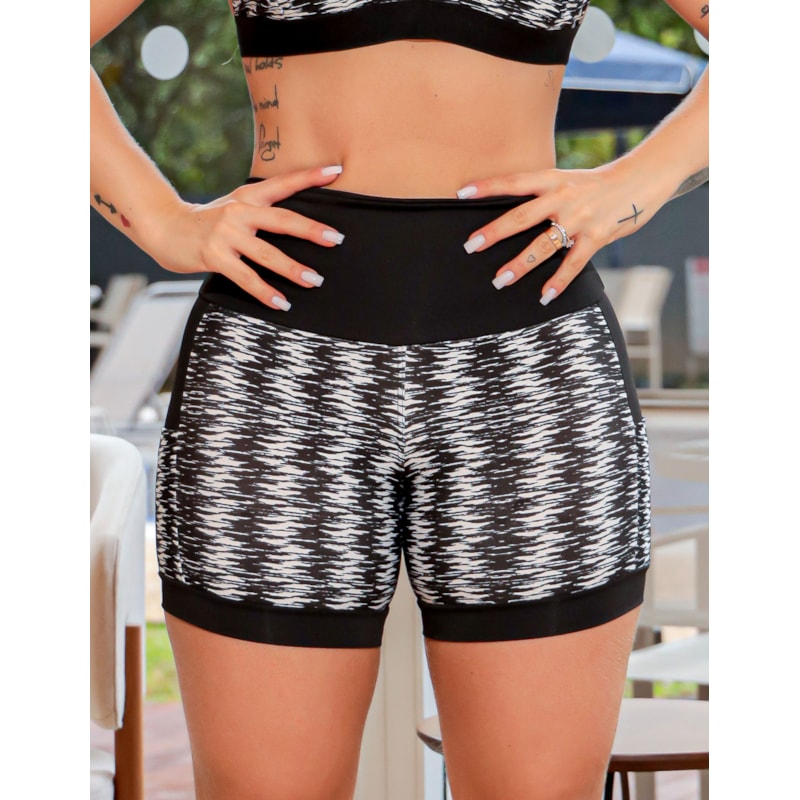 Shortinho Feminino Academia Fitness Estampado Cós Alto e Bolsos