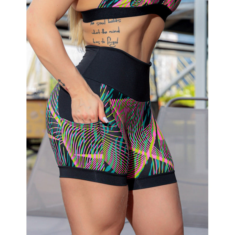 Shortinho Feminino Academia Fitness Estampado Cós Alto e Bolsos