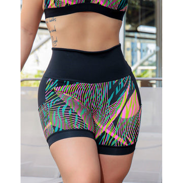 Shortinho Feminino Academia Fitness Estampado Cós Alto e Bolsos