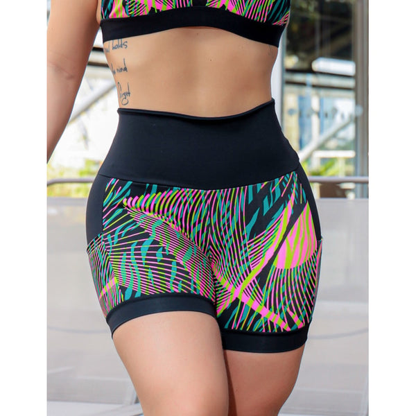 Shortinho Feminino Academia Fitness Estampado Cós Alto e Bolsos