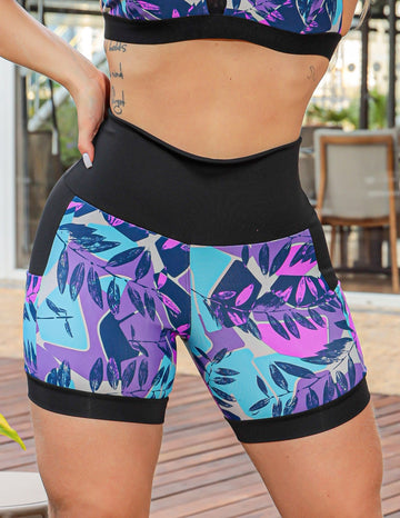 Shortinho Feminino Academia Fitness Estampado Cós Alto e Bolsos