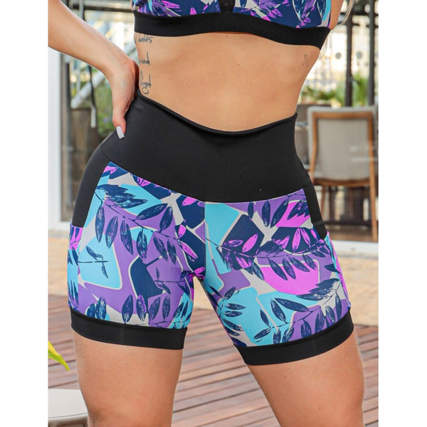 Shortinho Feminino Academia Fitness Estampado Cós Alto e Bolsos