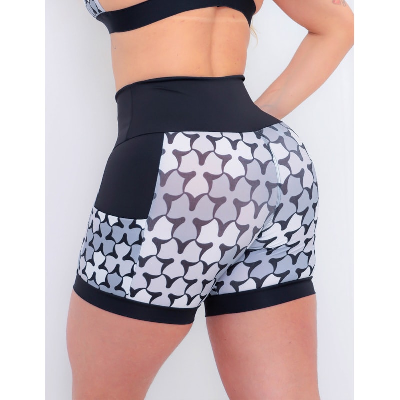 Shortinho Feminino Academia Fitness Estampado Cós Alto e Bolsos