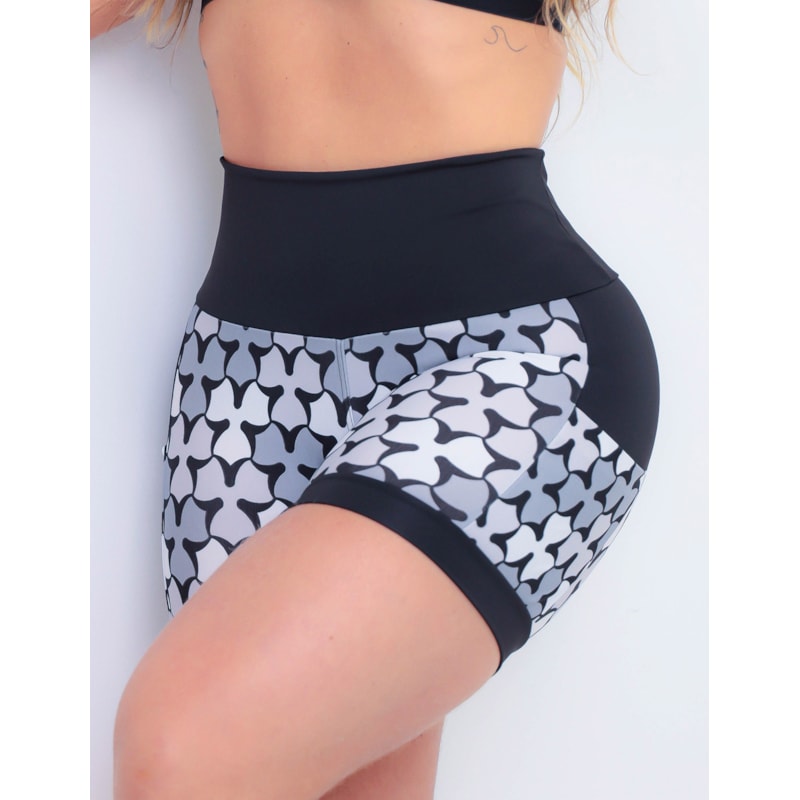 Shortinho Feminino Academia Fitness Estampado Cós Alto e Bolsos
