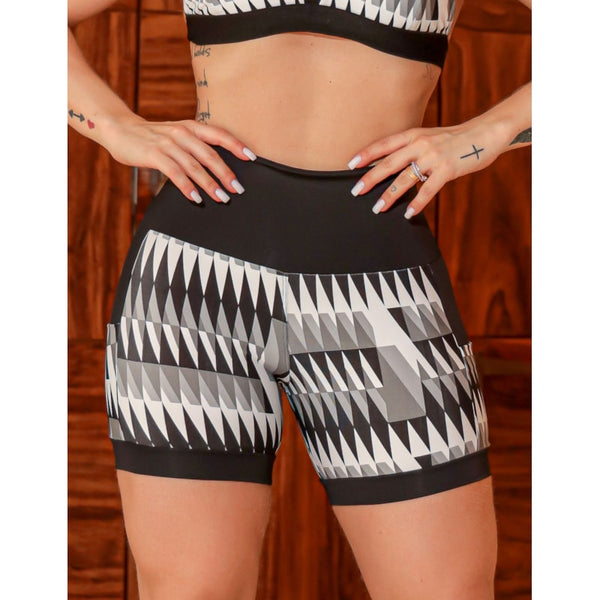 Shortinho Feminino Academia Fitness Estampado Cós Alto e Bolsos