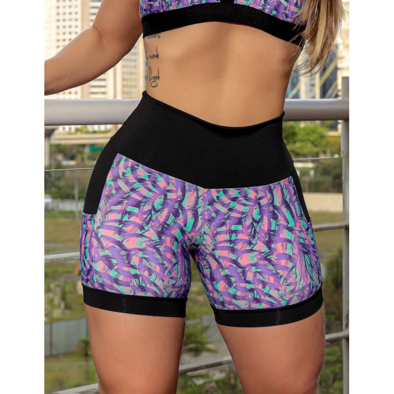 Shortinho Feminino Academia Fitness Estampado Cós Alto e Bolsos
