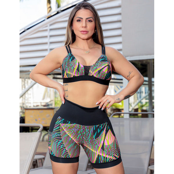 Conjunto Feminino de Academia Estampado Top Fitness e Shortinho com Bolso