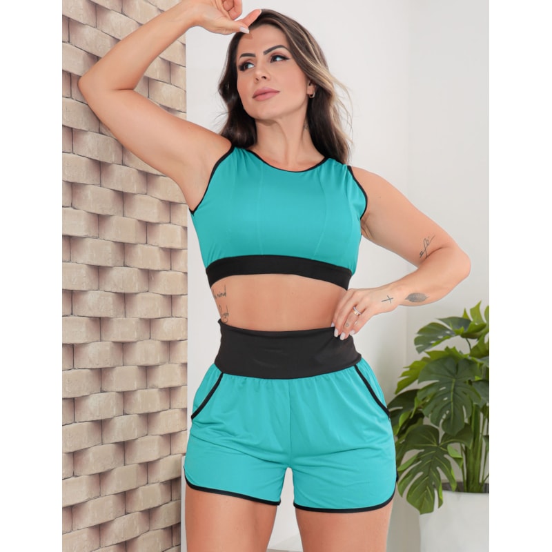 Conjunto Fitness Running Dry Fit Short com Bolsos e Cropped sem Bojo