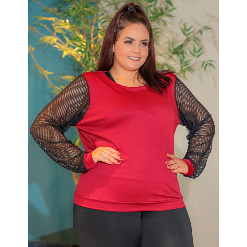 Blusa em Crepe de Alfaiataria Feminina Plus Size Manga Longa em Tela
