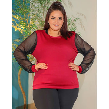 Blusa em Crepe de Alfaiataria Feminina Plus Size Manga Longa em Tela