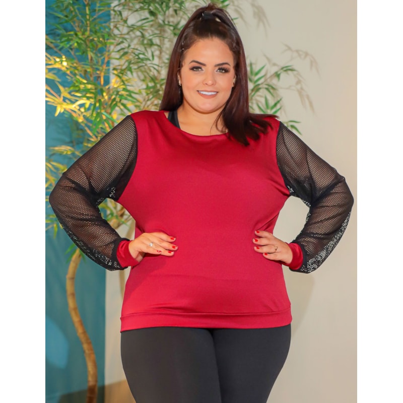 Blusa em Crepe de Alfaiataria Feminina Plus Size Manga Longa em Tela