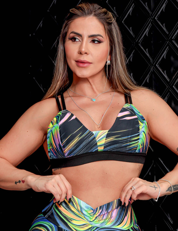 Top Feminino Esportivo Estampado com Alças Reguláveis e Bojo