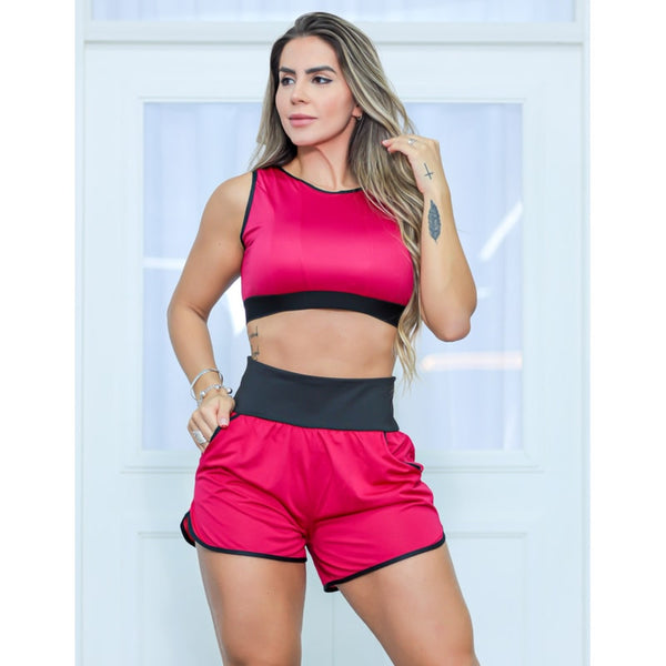 Conjunto Fitness Feminino Dry Fit Short com Bolsos e Cropped sem Bojo