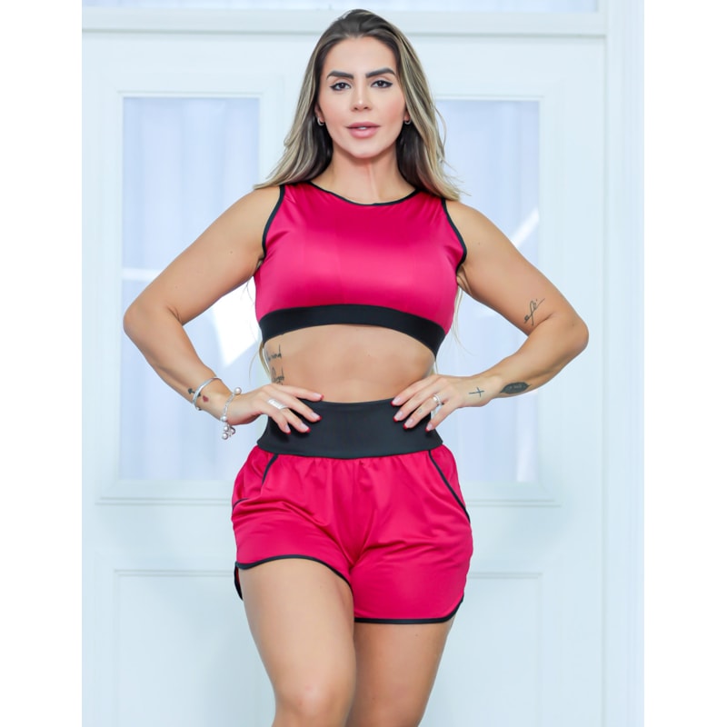 Conjunto Fitness Feminino Dry Fit Short com Bolsos e Cropped sem Bojo