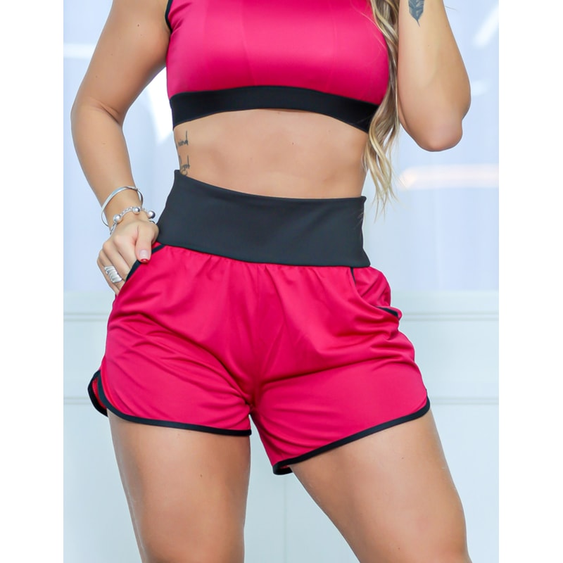 Conjunto Fitness Feminino Dry Fit Short com Bolsos e Cropped sem Bojo