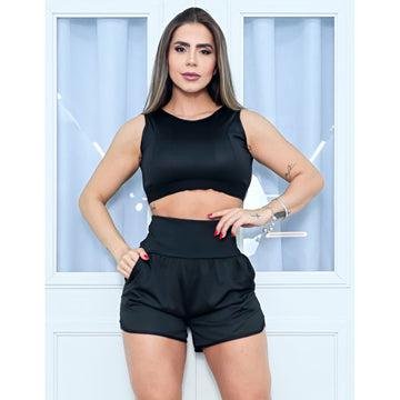 Conjunto Feminino Fitness em Dry Fit com Cropped e Short com Bolsos