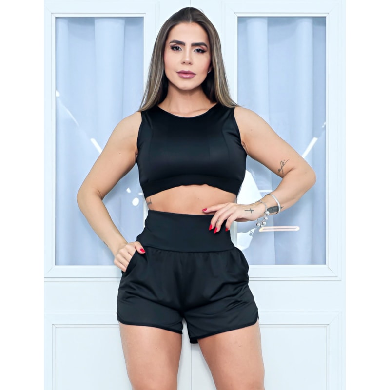 Conjunto Feminino Fitness em Dry Fit com Cropped e Short com Bolsos