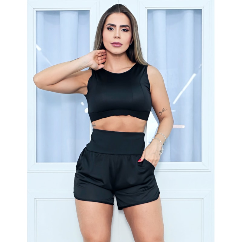 Conjunto Feminino Fitness em Dry Fit com Cropped e Short com Bolsos
