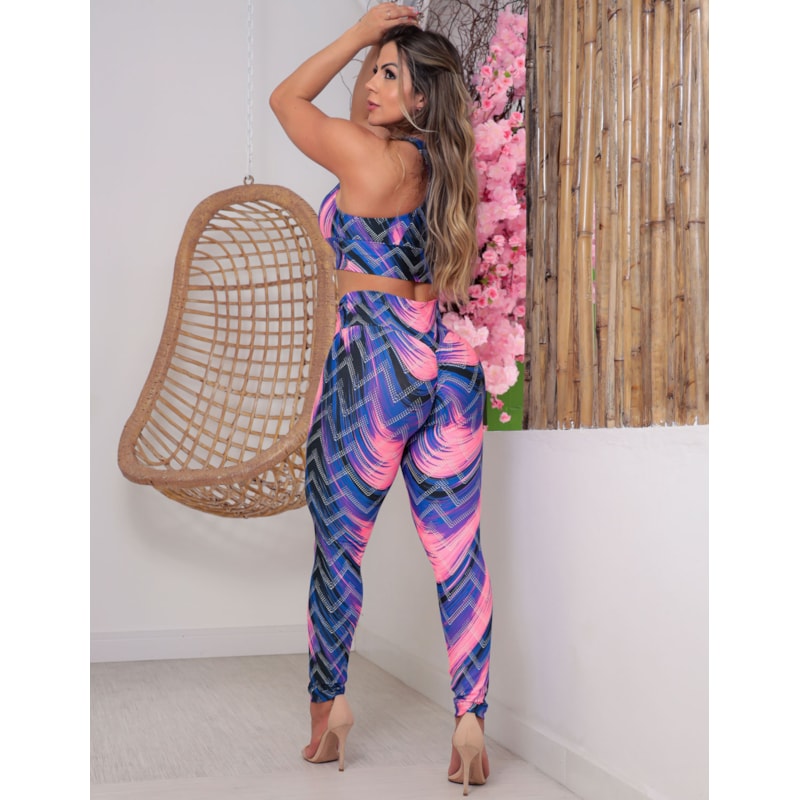 Conjunto Fitness Feminino Estampado com Calça Empina Bumbum e Cropped com Bojo