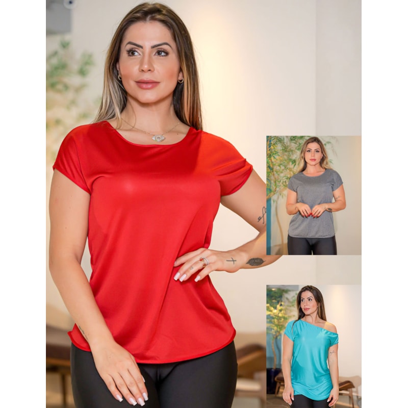 Kit 3 Blusas Femininas em Dry Fit com Decote em T nas Costas para a Academia