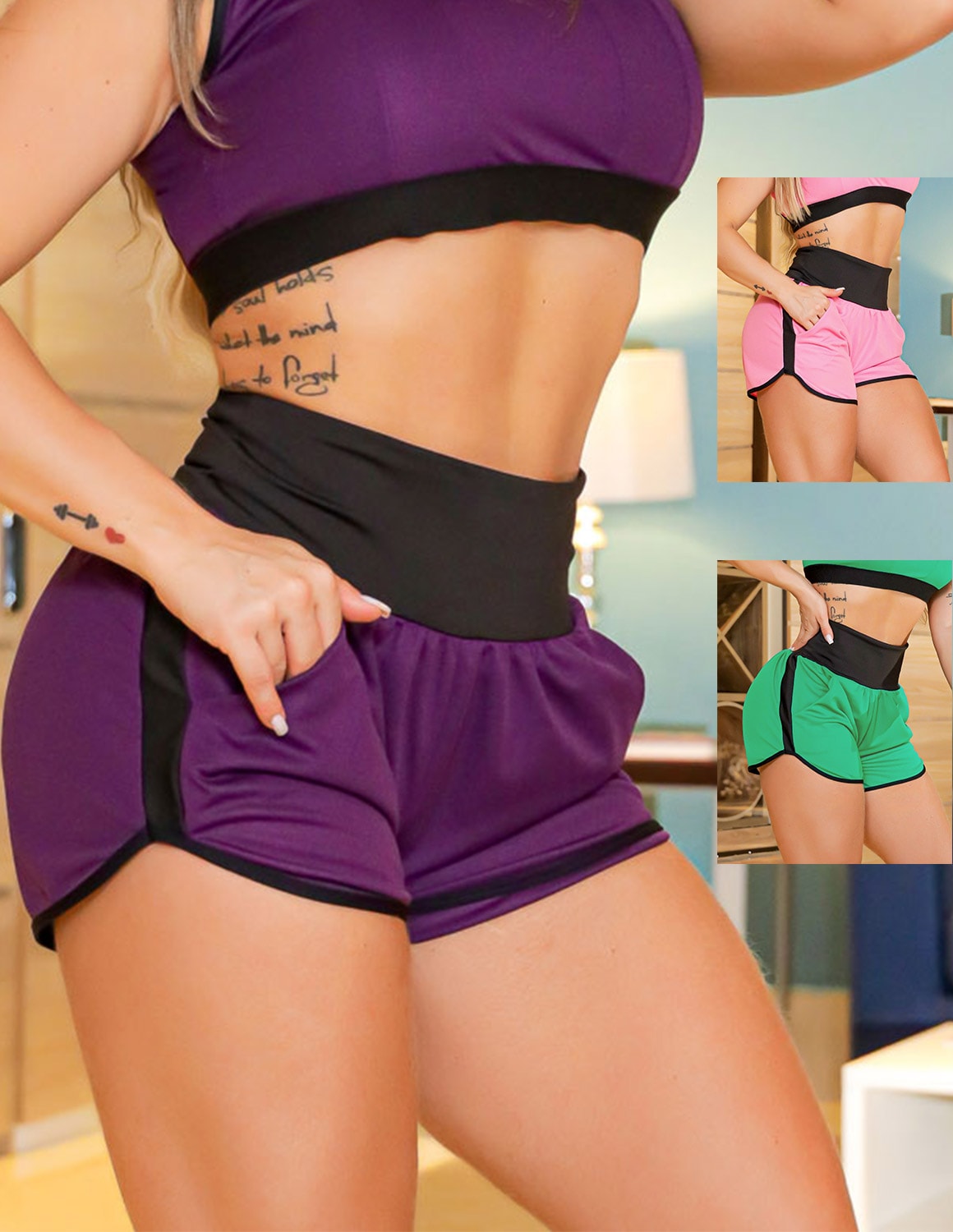 Kit 3 Shorts Fitness Feminino Running Dry Fit com Bolso