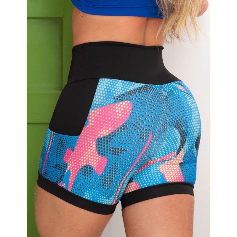 Shortinho Feminino Academia Fitness Estampado Cós Alto e Bolsos