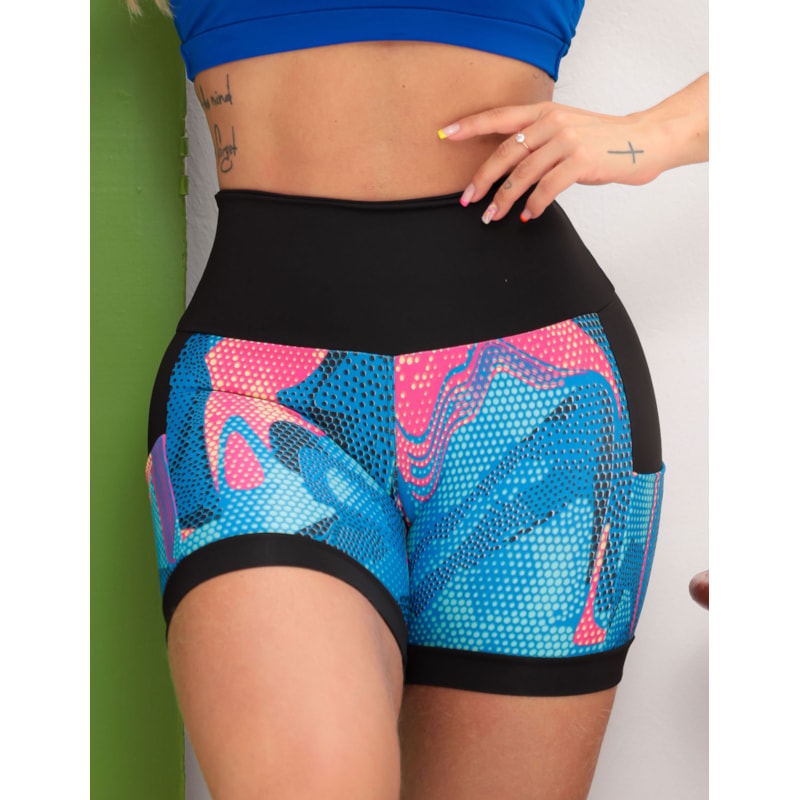 Shortinho Feminino Academia Fitness Estampado Cós Alto e Bolsos