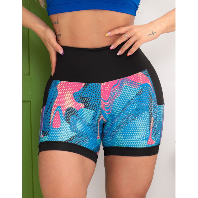 Shortinho Feminino Academia Fitness Estampado Cós Alto e Bolsos