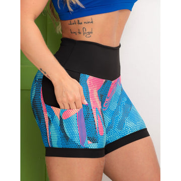 Shortinho Feminino Academia Fitness Estampado Cós Alto e Bolsos