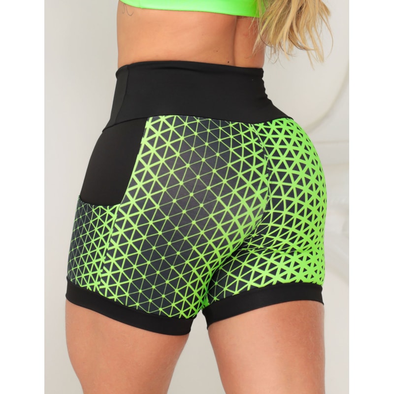 Shortinho Feminino Academia Fitness Estampado Cós Alto e Bolsos