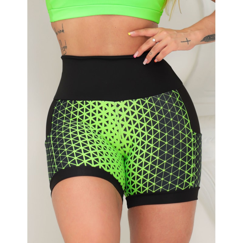 Shortinho Feminino Academia Fitness Estampado Cós Alto e Bolsos